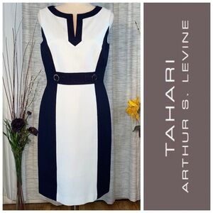 Tahari ASL black and white sleeveless sheath dress.